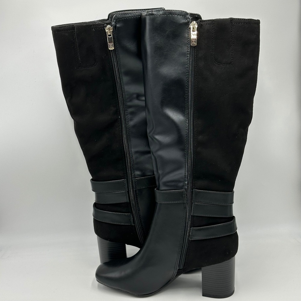 NWD Liz Claiborne Hemlock Black Faux Leather Block Heel Riding Boots Womens 6M - Picture 3 of 12